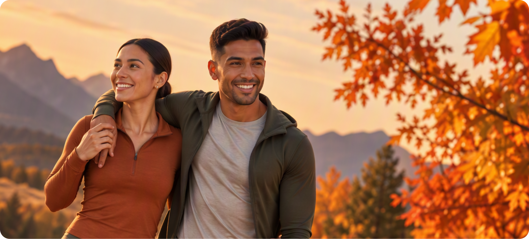 Two adults walking outdoors among colorful autumn, highlighting active lifestyle habits and Fall Wellness support.