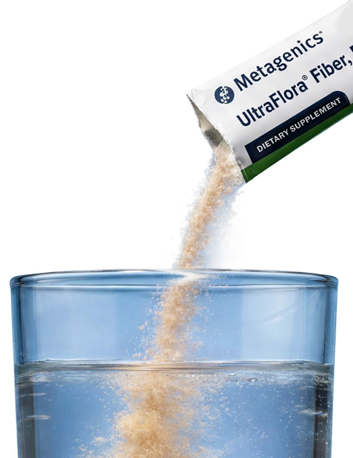 Gut health vitamins & supplements featuring Metagenics UltraFlora Fiber, Prebiotic & Probiotic powder being poured into a glass of water.