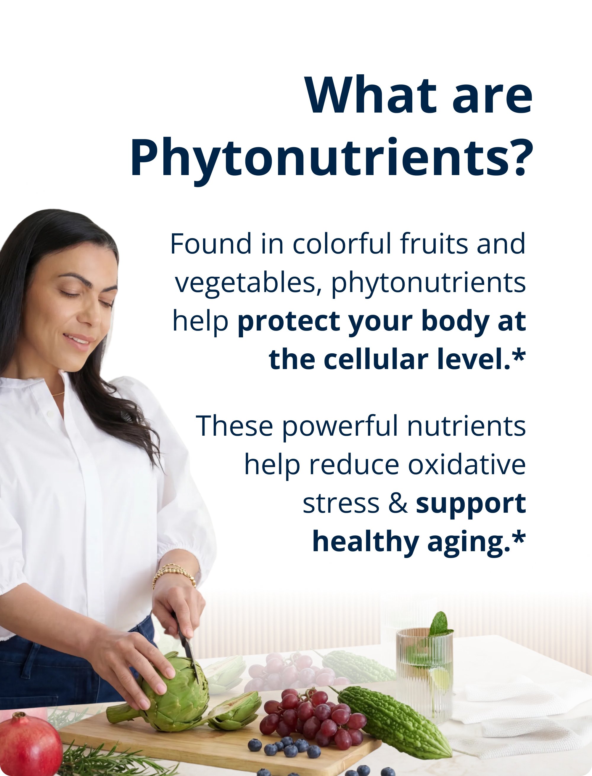 Woman chopping fresh fruits and vegetables beside educational text explaining that phytonutrients are found in colorful produce and help protect the body at the cellular level. The image reinforces how Metagenics PhytoMulti® Multivitamin Supports cellular health, overall wellness, and healthy aging.