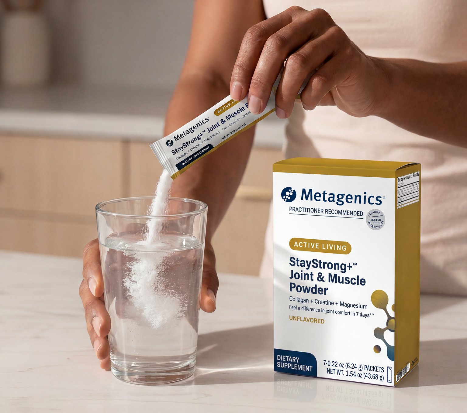 Pouring Metagenics® StayStrong™ Joint & Muscle Powder into water, demonstrating an easy daily collagen supplement routine for strength and recovery.