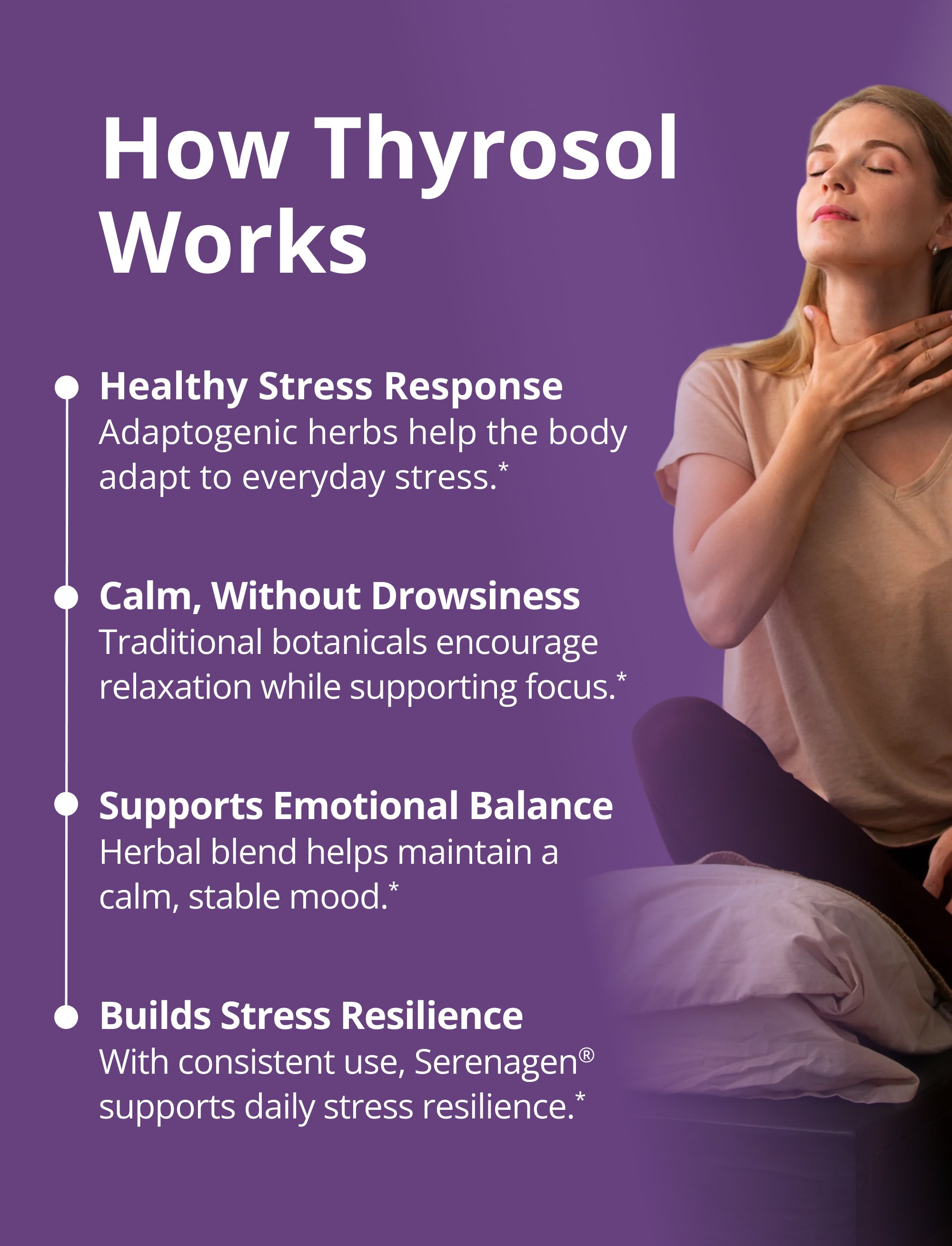A person sitting cross‑legged in a relaxed pose beside text explaining four areas of support: healthy stress response, calm without drowsiness, emotional balance, and daily stress resilience.