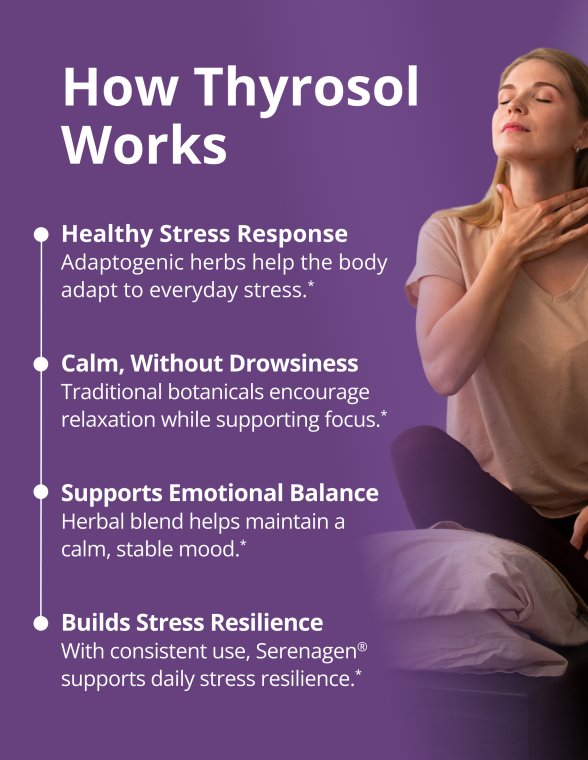 A person sitting cross‑legged in a relaxed pose beside text explaining four areas of support: healthy stress response, calm without drowsiness, emotional balance, and daily stress resilience.