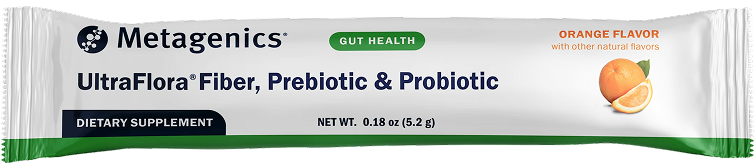 A single stick pack of UltraFlora Fiber in orange flavor, featured on a page about doctor recommended probiotics.