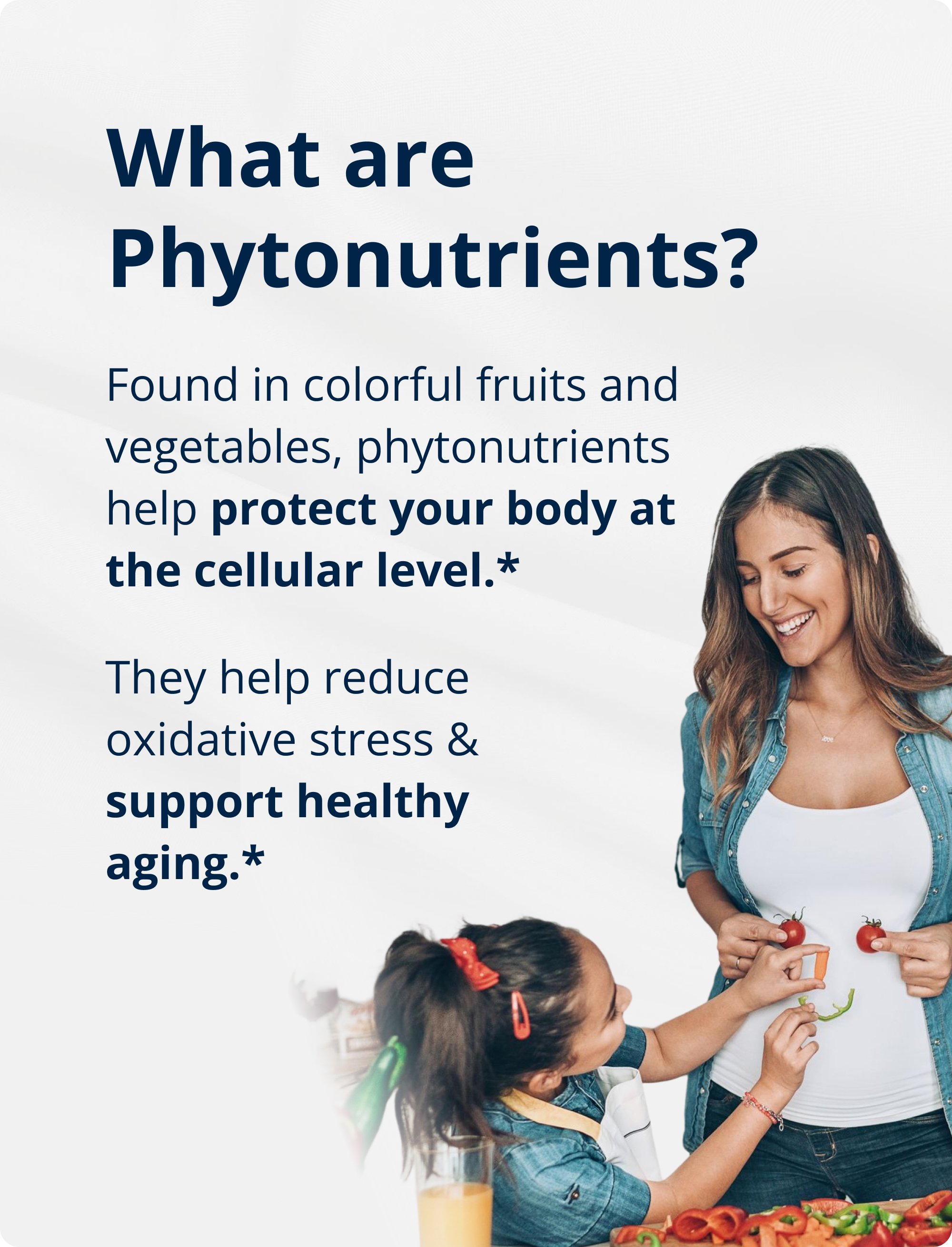 Person helping a child prepare fruits and vegetables beside text explaining what phytonutrients are and how they support cellular protection and healthy aging