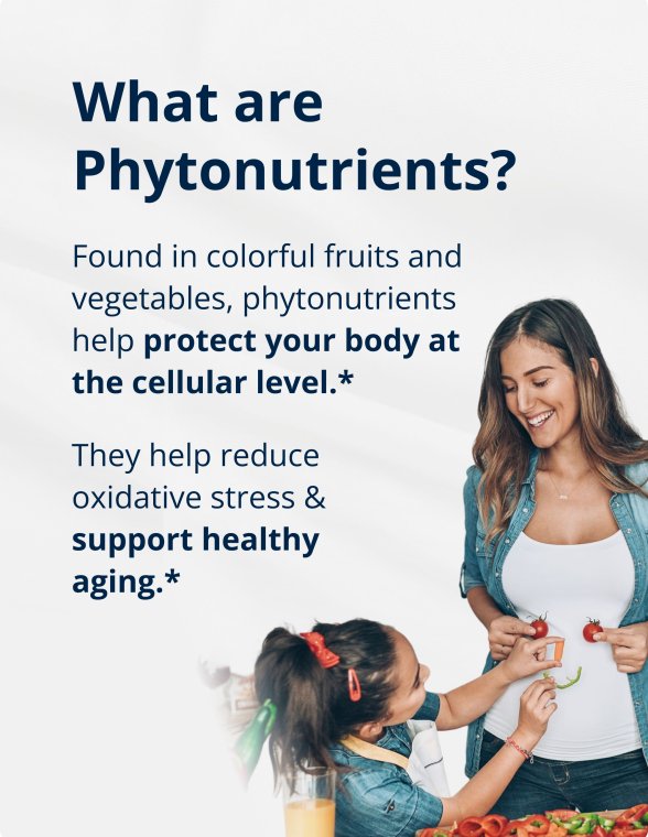 Person helping a child prepare fruits and vegetables beside text explaining what phytonutrients are and how they support cellular protection and healthy aging