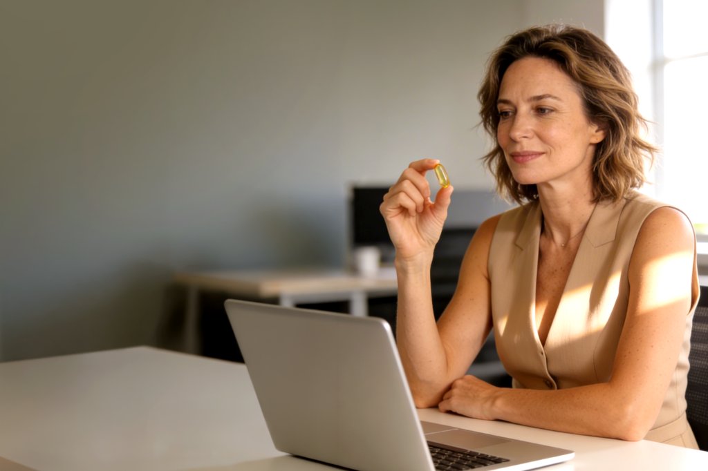 A woman in her late 40s/early 50s sits at her desk looking at a dose of OmegaGenics® fish oil softgel in her hand.