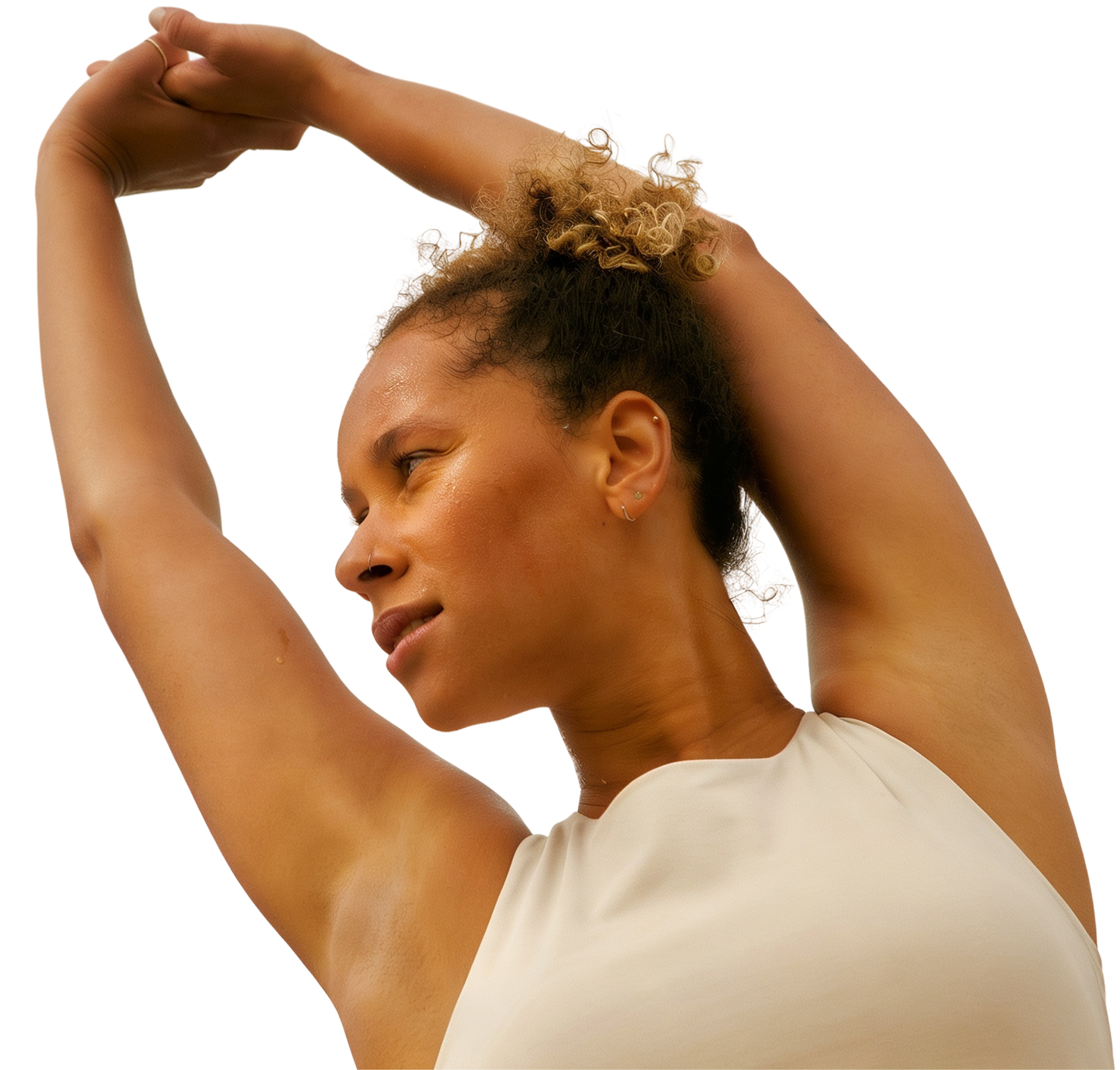 Woman stretching her arms overhead before exercise, representing healthy movement and active aging with Metagenics® StayStrong+ collagen supplements.