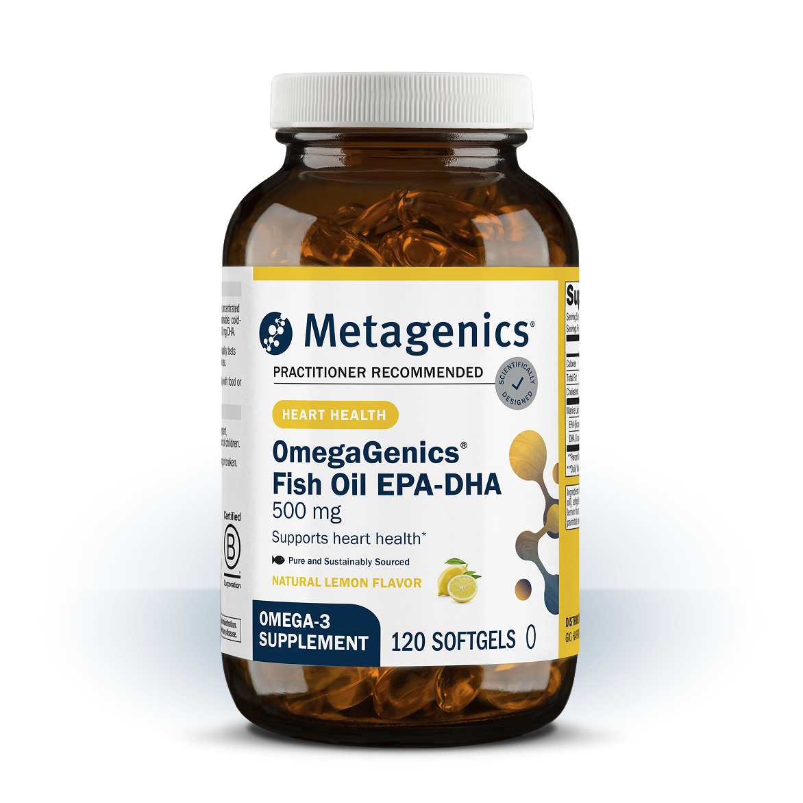 Bottle of Metagenics OmegaGenics® Fish Oil EPA-DHA 500 mg—120 softgels. Formulated to support heart health.