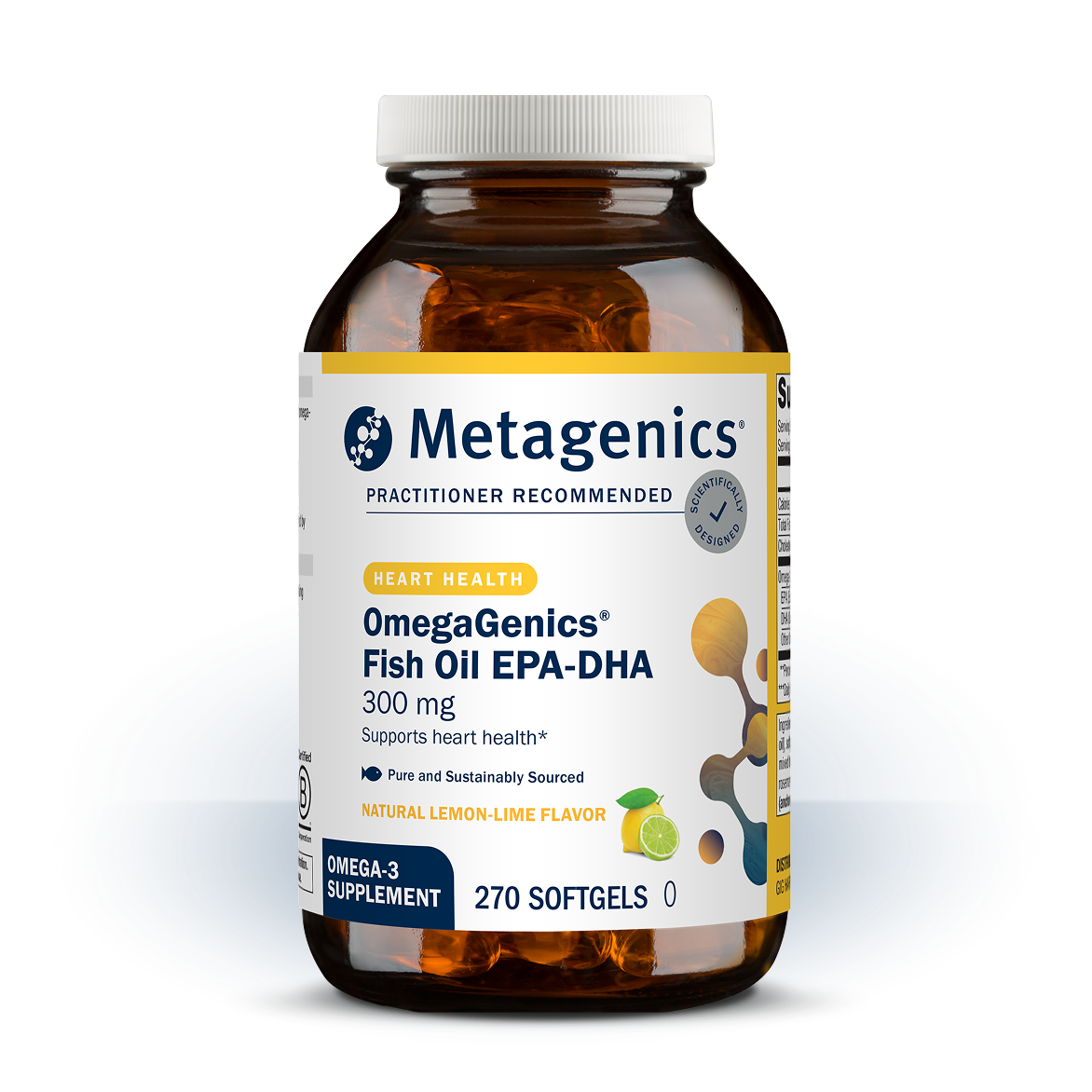 Bottle of Metagenics OmegaGenics® EPA-DHA 300—270 softgels. Formulated to support heart health.