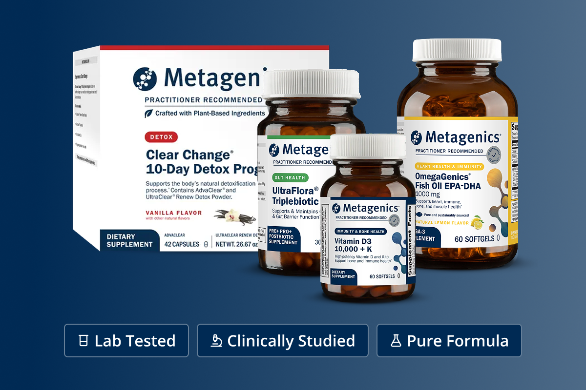 =Metagenics practitioner-designed supplement stack featuring Clear Change® 10-Day Detox, UltraFlora® Triplebiotic, Vitamin D3 10,000 IU, and OmegaGenics® Fish Oil. Labeled lab tested, clinically studied, and pure formula.