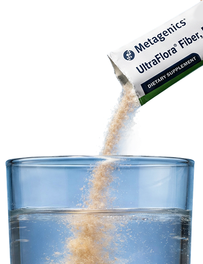 Gut health vitamins & supplements featuring Metagenics UltraFlora Fiber, Prebiotic & Probiotic powder being poured into a glass of water.