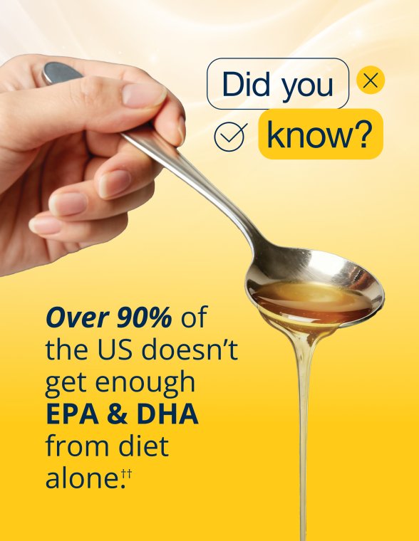 Educational graphic for Metagenics OmegaGenics® 5‑in‑1 Liquid Fish Oil 2400 mg EPA‑DHA showing a hand pouring golden fish oil from a spoon with text noting that over 90% of the U.S. population does not get enough EPA and DHA from diet alone.