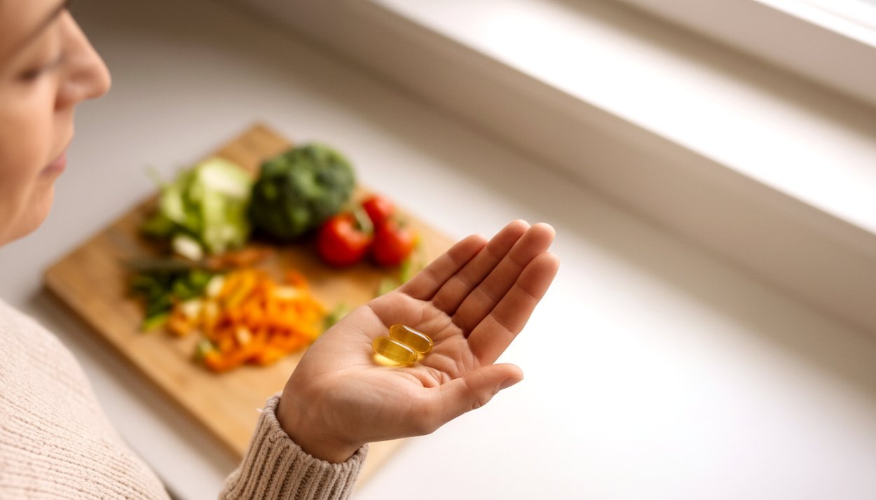 person holding fish oils above cutting board with vegetables