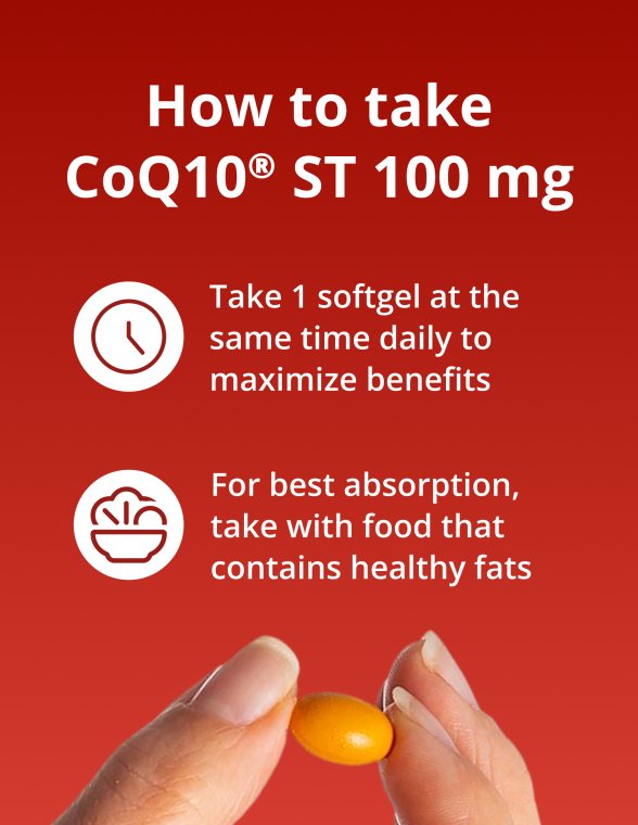 Section titled ‘How to take CoQ10 ST® 100 mg’ showing a hand holding a softgel and a spoon with food next to text about taking one softgel daily with food.