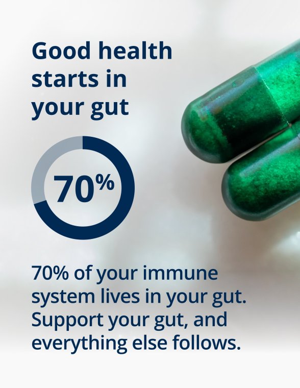 Green capsules and blue text explaining that 70% of the immune system lives in the gut and that good health starts there.