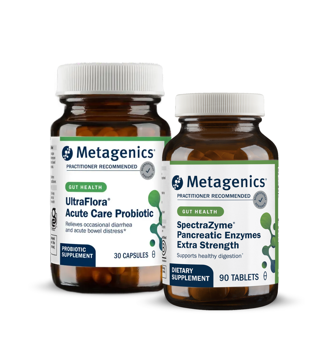 Metagenics Gut Relief Duo for IBS-D PracStack showing UltraFlora Acute Care Probiotic and SpectraZyme Pancreatic Enzymes bottles, curated by Dr. Jen Stagg, ND, to support digestive balance, reduce constipation, and restore gut comfort.
