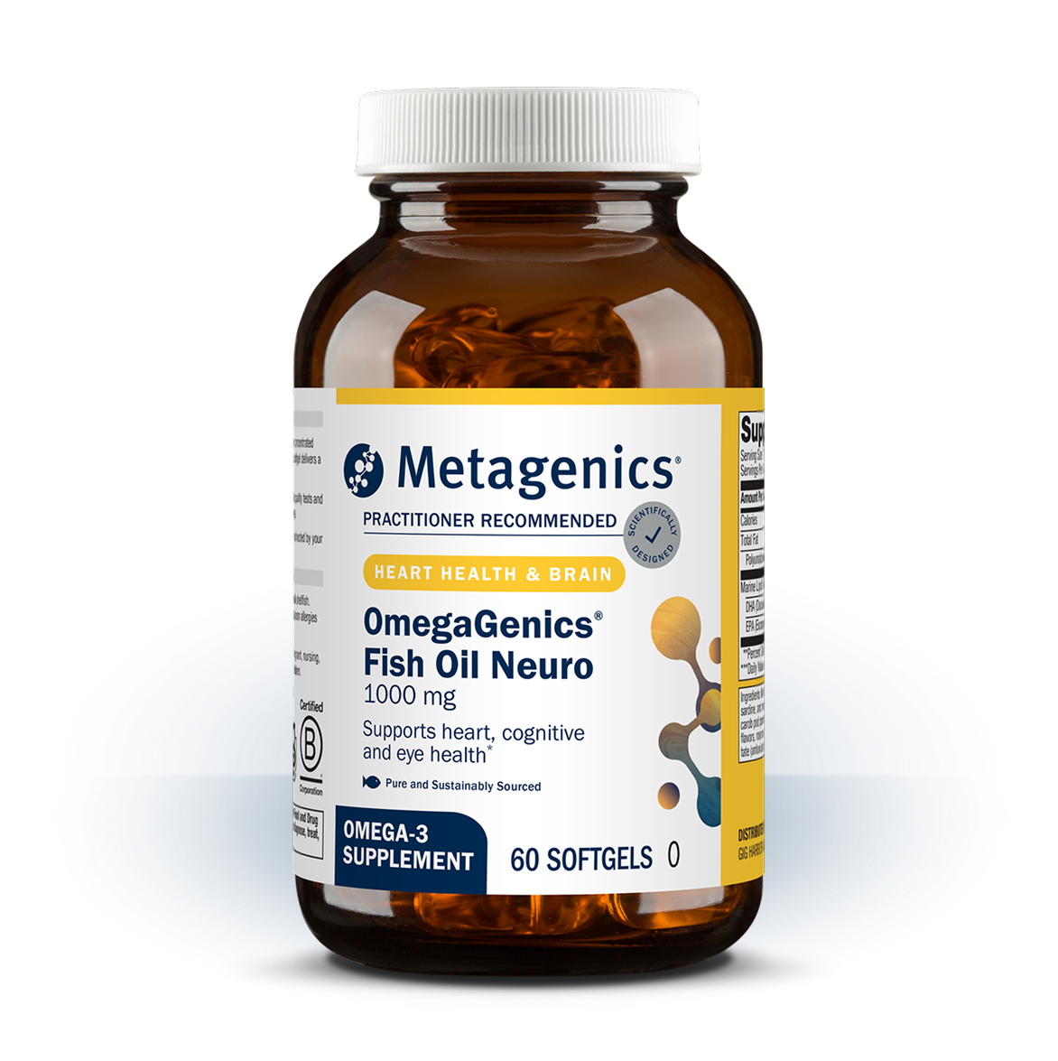 Bottle of Metagenics OmegaGenics® Neuro Fish Oil 1000 mg,  60 softgels. Supports heart, cognitive, and eye health.