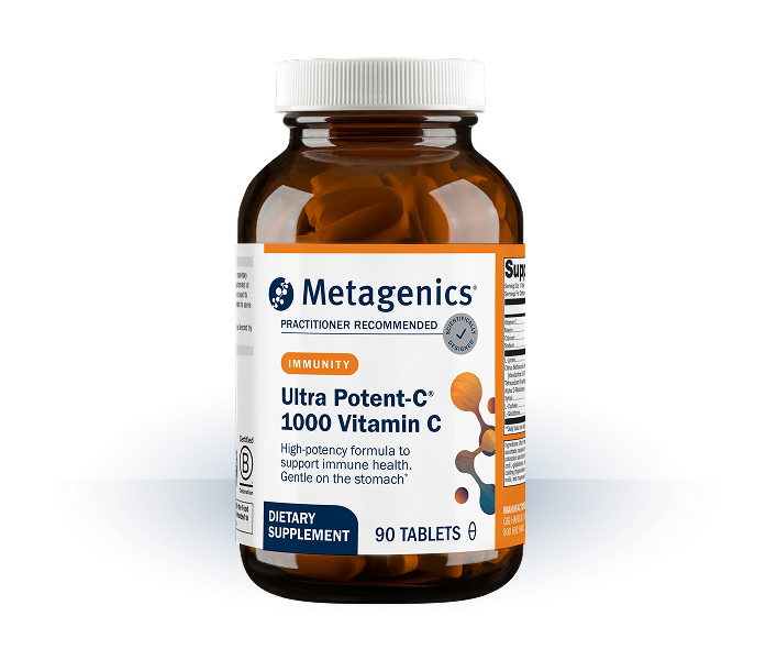 Bottle of Metagenics Ultra Potent-C® 1000 Vitamin C dietary supplement, 90 tablets.