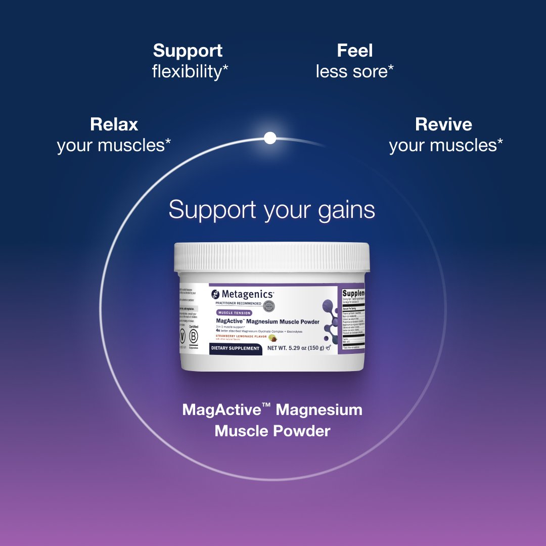 Metagenics MagActive Magnesium Muscle Powder featured against a blue-to-purple gradient, with messaging highlighting support for flexibility, muscle relaxation, recovery, and reduced soreness.