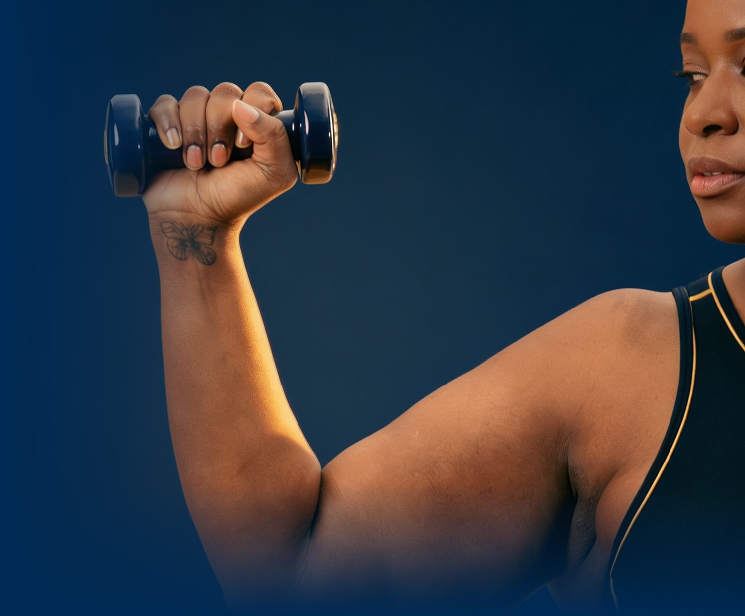 Person lifting a dumbbell, illustrating how Metagenics® StayStrong™ collagen supplements combine collagen with complementary ingredients to support strength and movement.