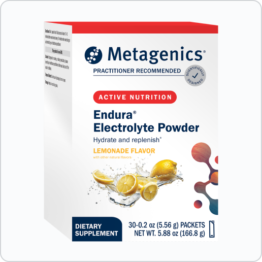 Metagenics Endura® Electrolyte Powder, 30 packets, on a light background. Supports hydration.