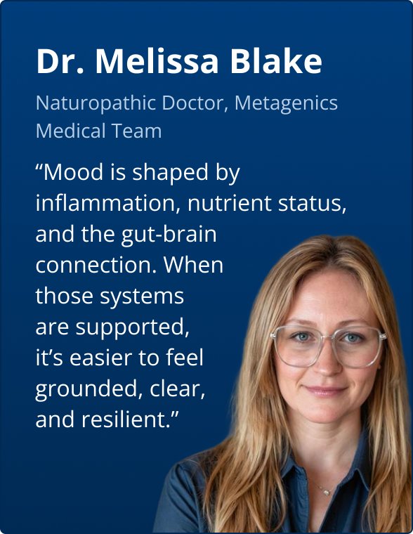 Portrait of Dr. Melissa Blake, a Naturopathic Doctor, shown against a dark blue background. Text beside her reads, “Mood is shaped by inflammation, nutrient status, and the gut-brain connection. When those systems are supported, it’s easier to feel grounded, clear, and resilient.” Dr. Blake is shown from the chest up, wearing glasses and a blue top, with a calm, professional expression.