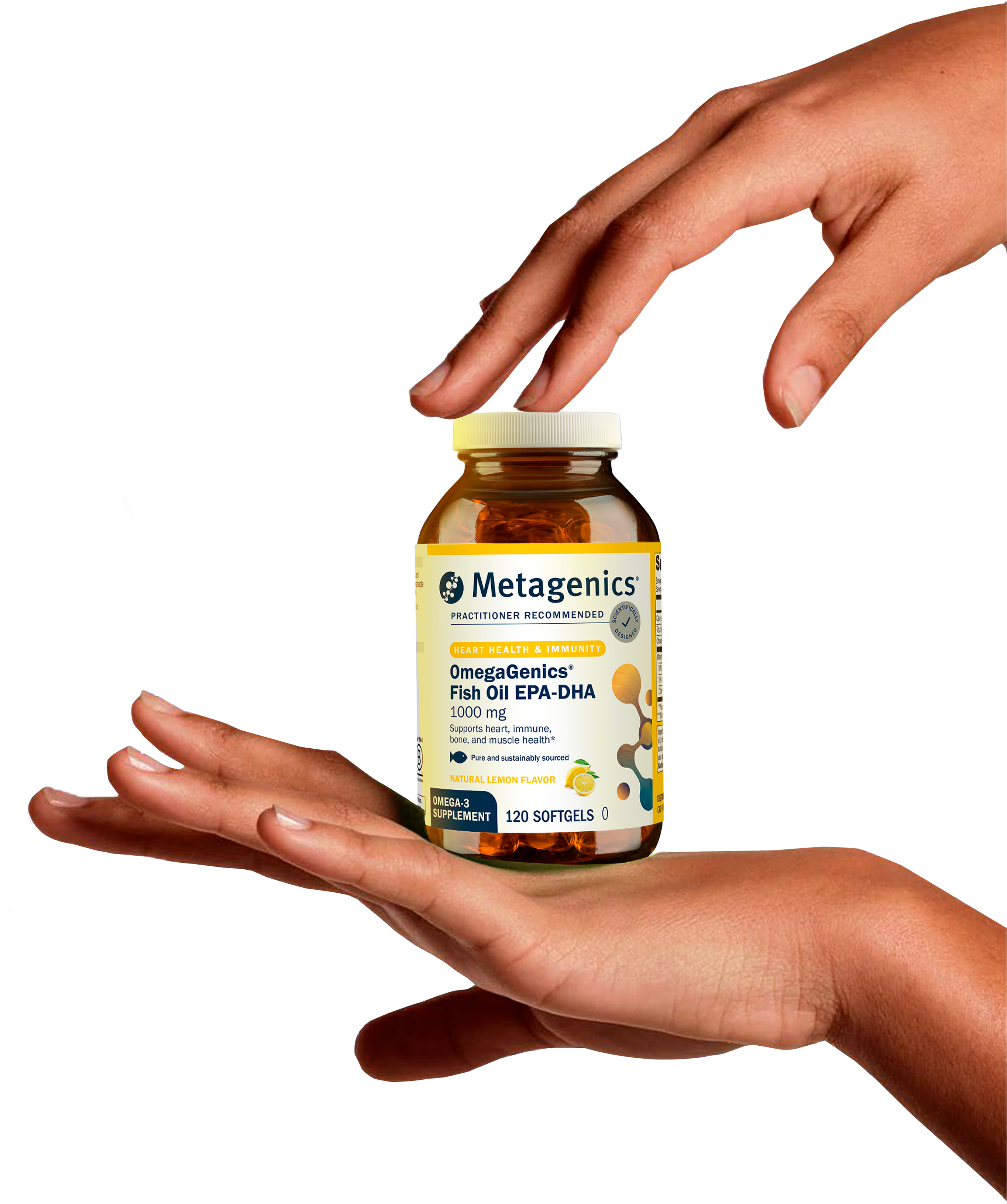Two hands gently presenting a bottle of Metagenics OmegaGenics® Fish Oil EPA-DHA, with one hand supporting the bottle from below and the other hovering above, emphasizing care, balance, and omega-3 nutrition.