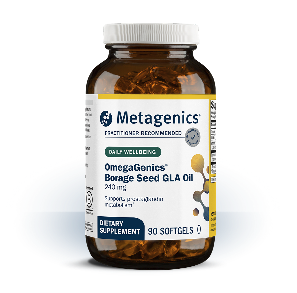 Bottle of Metagenics OmegaGenics® Borage Seed GLA Oil 240 mg—90 softgels. Formulated to support prostaglandin metabolis.