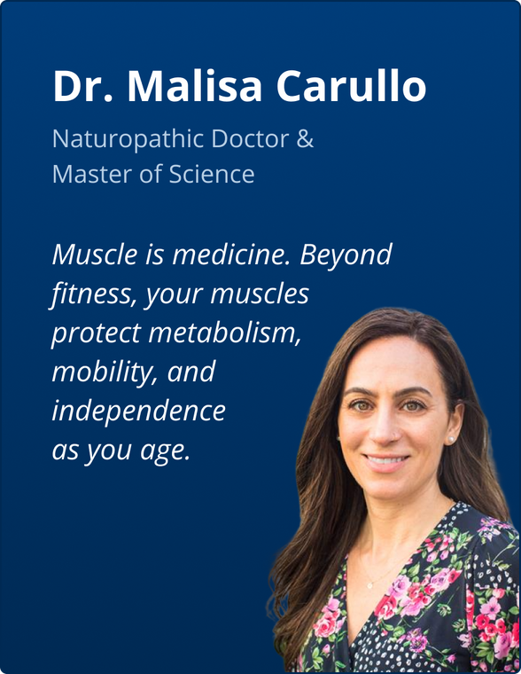 Dr. Malisa Carullo, a Metagenics naturopathic doctor, shares that muscle is medicine and essential for metabolism, mobility, and independence with age. This supports the use of bodybuilding supplements for muscle growth and long-term health. Features her headshot and quote in white text over a blue background.
