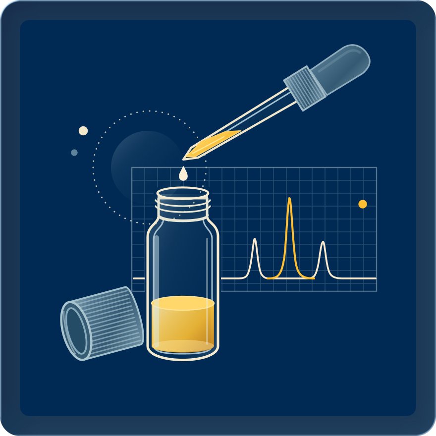 Illustration of a laboratory vial and dropper with analytical testing graphics, representing testing for pesticide and solvent residues.