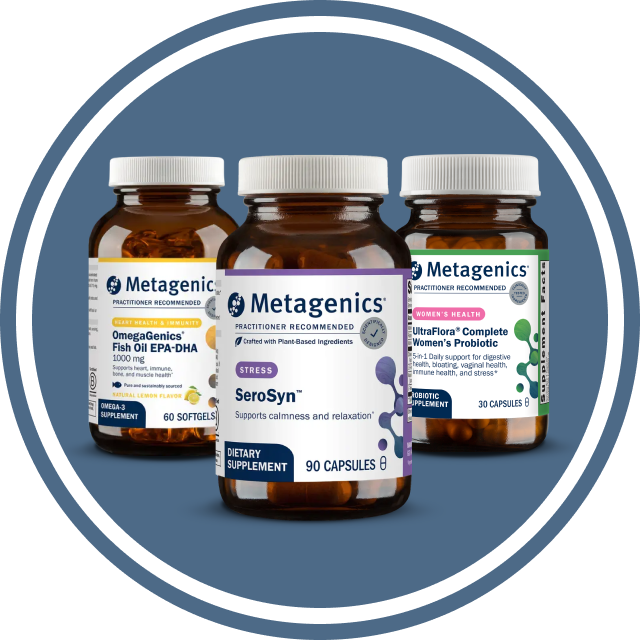 Metagenics Calm Mood & Stress Resilience for Women supplement stack icon featuring SeroSyn Stress capsules with OmegaGenics EPA-DHA and UltraFlora Women’s Complete Probiotic bottles, representing practitioner-curated mood and stress support.