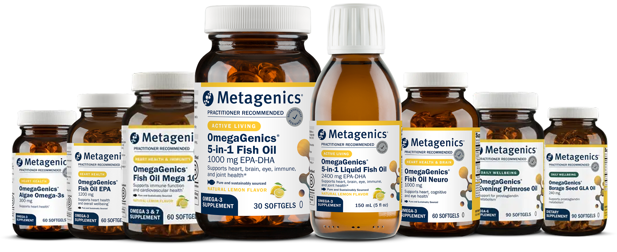 A lineup of Metagenics OmegaGenics supplements arranged against a yellow background, including multiple bottles of fish oil, algae omega‑3s, evening primrose oil, and a liquid fish oil bottle.