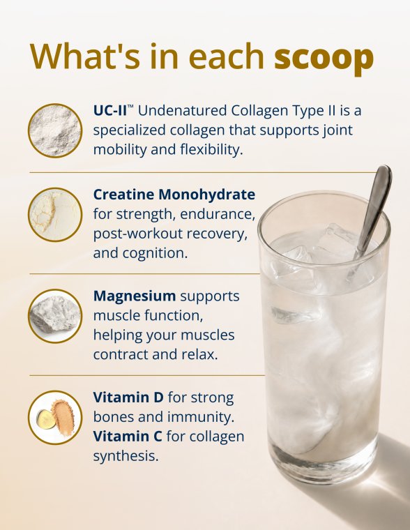 Text listing ingredients found in each scoop, including UC‑II® Undenatured Collagen Type II for joint mobility and flexibility, creatine monohydrate for strength and recovery, magnesium for muscle function and relaxation, and vitamins D and C for bone and collagen support.
