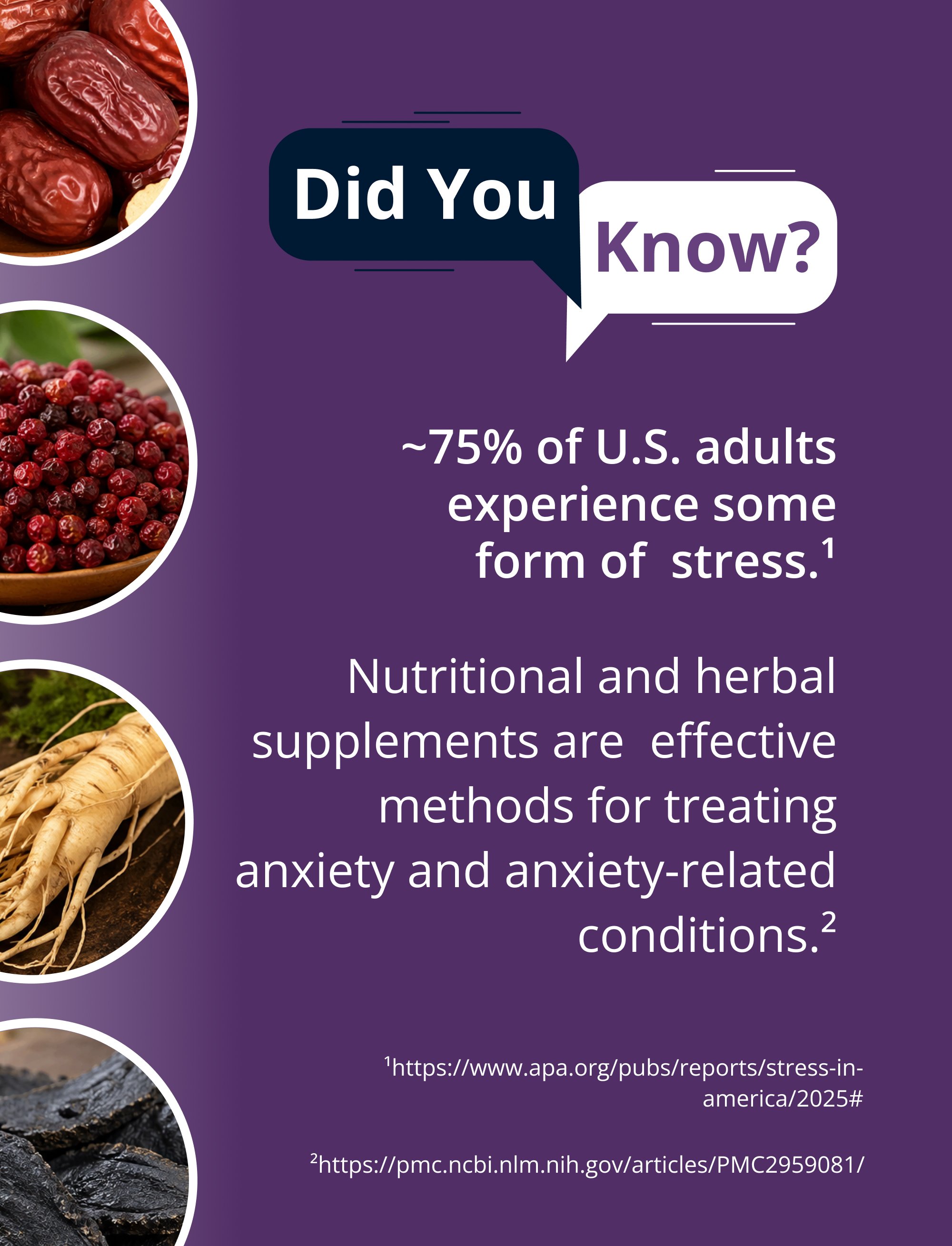 A panel titled “Did You Know?” showing text about the high percentage of U.S. adults experiencing stress and noting that nutritional and herbal supplements can help with anxiety‑related conditions, with circular images of herbs.