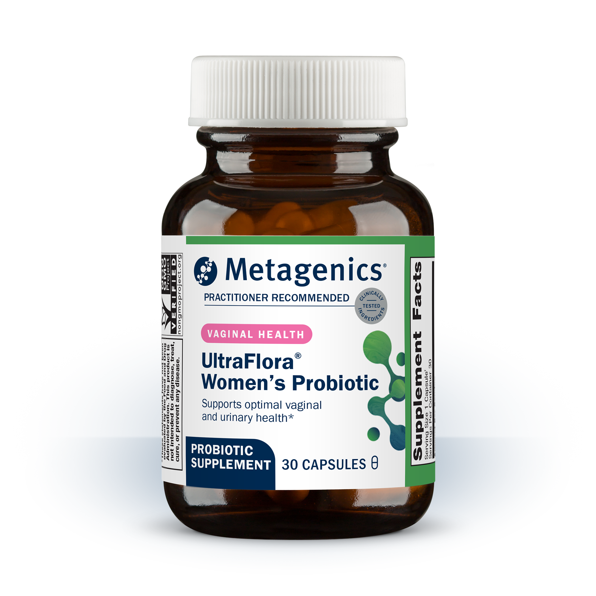A bottle of Metagenics UltraFlora Women’s Probiotic, featured on a page about doctor recommended probiotics.