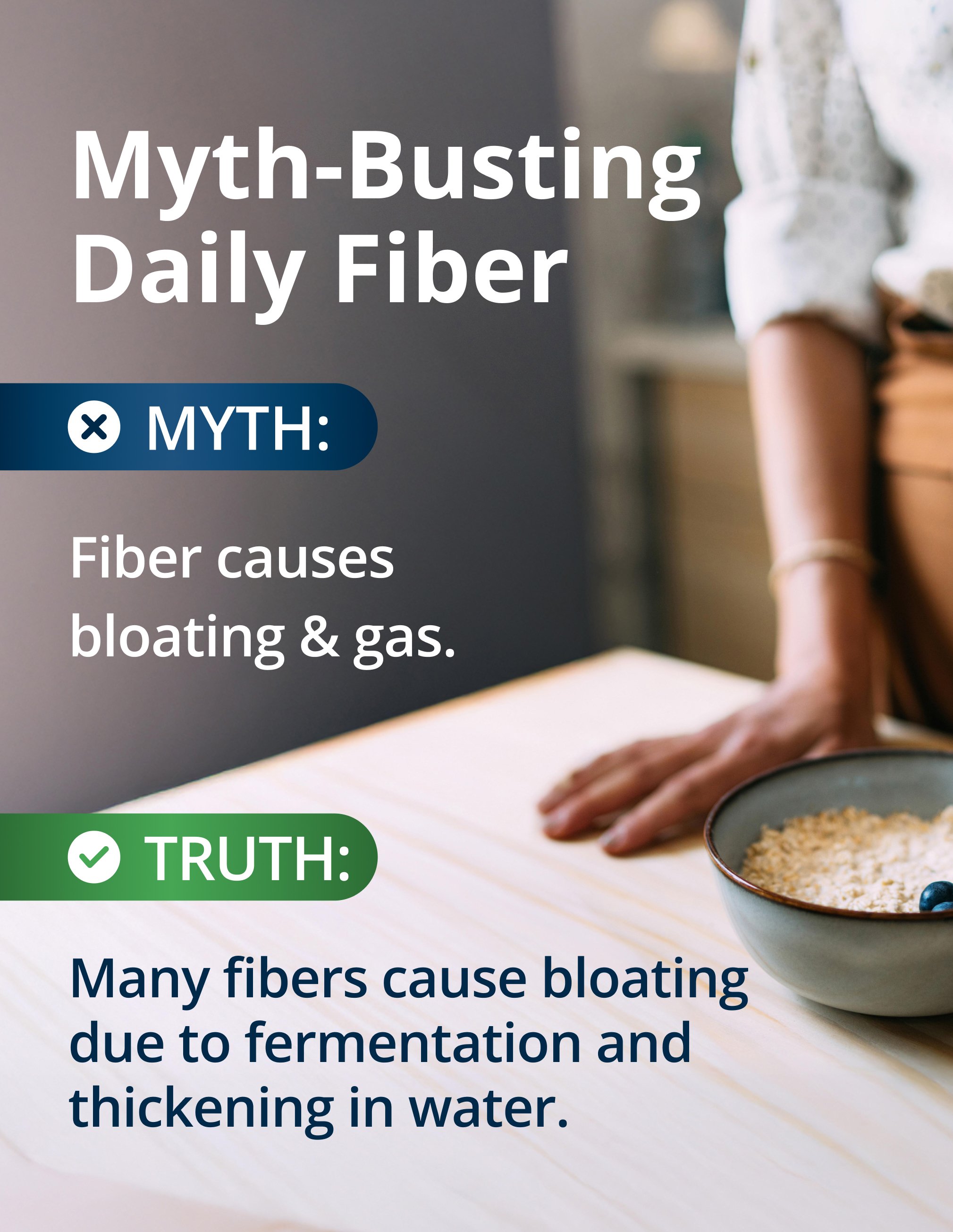 Text comparing a common myth about fiber causing bloating with the truth about fermentation and high-viscosity fibers, shown beside a bowl of oats on a table, promoting UltraFlora® Fiber + Prebiotics + Probiotics by Metagenics as a gentle Fiber supplement powder designed to minimize bloating and digestive discomfort.