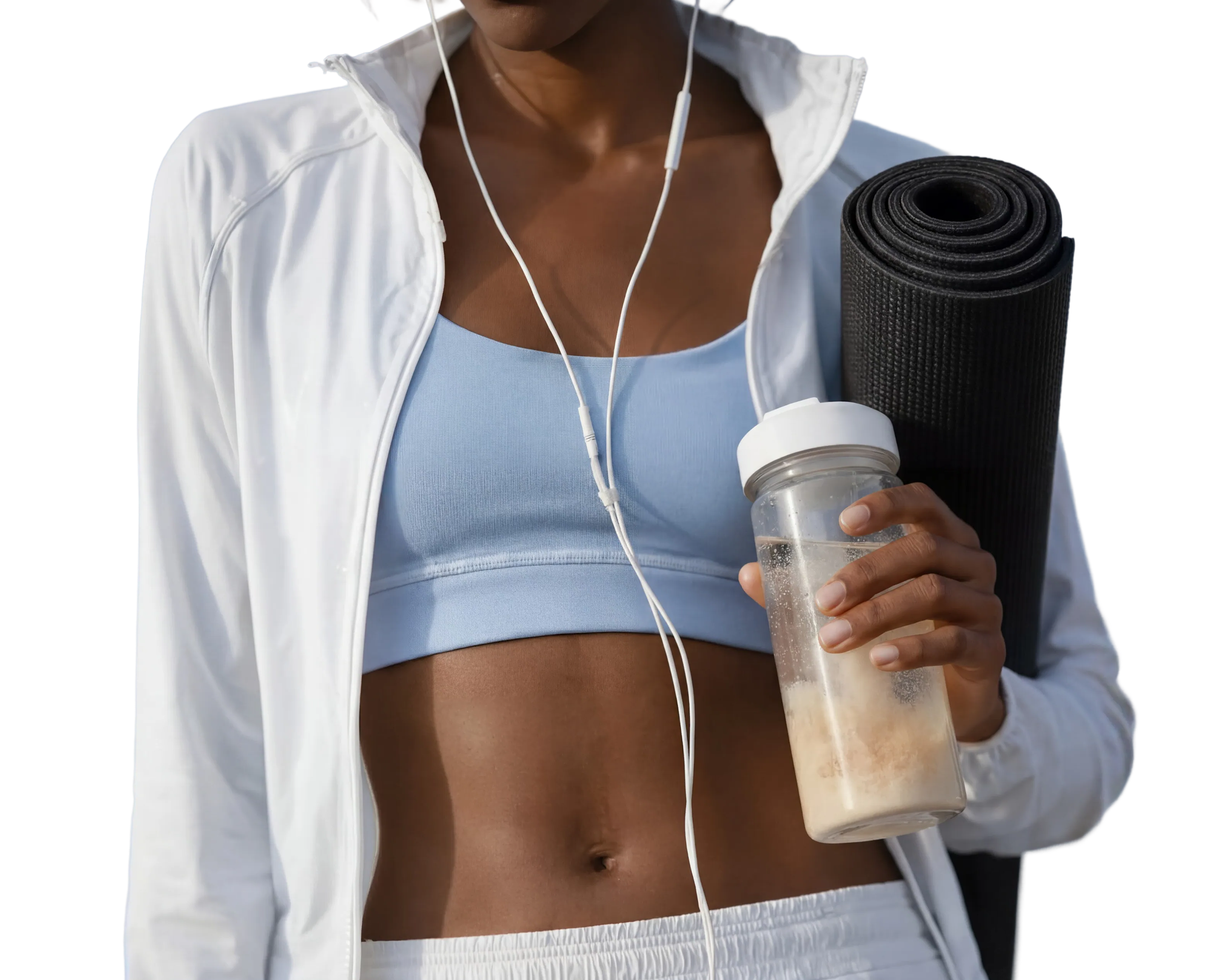 Woman dressed for exercise holding a shaker bottle and yoga mat, illustrating summer wellness, active living, and nutritional support from vitamins and supplements.
