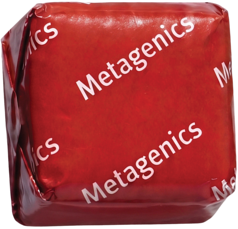 A close-up cutout of StayStrong 4-in-1 Collagen Chew, wrapped in a red wrapped adorned with the Metagenics logo.