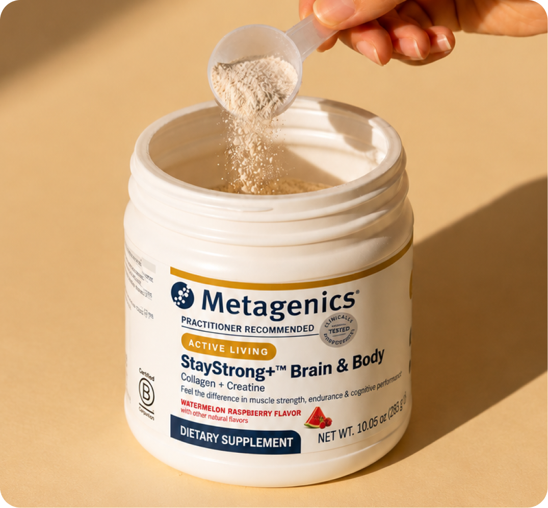 Container of Metagenics StayStrong+ Brain & Body powder with a scoop as part of a daily Fall Wellness routine for seasonal self-care.