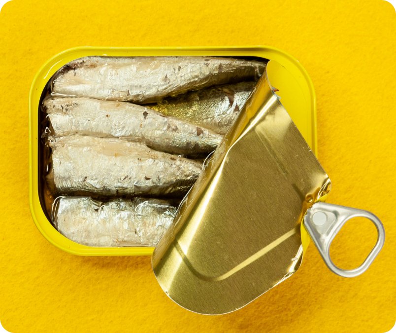An open tin of sardines arranged neatly inside the container, featured on the Metagenics OmegaGenics landing page.