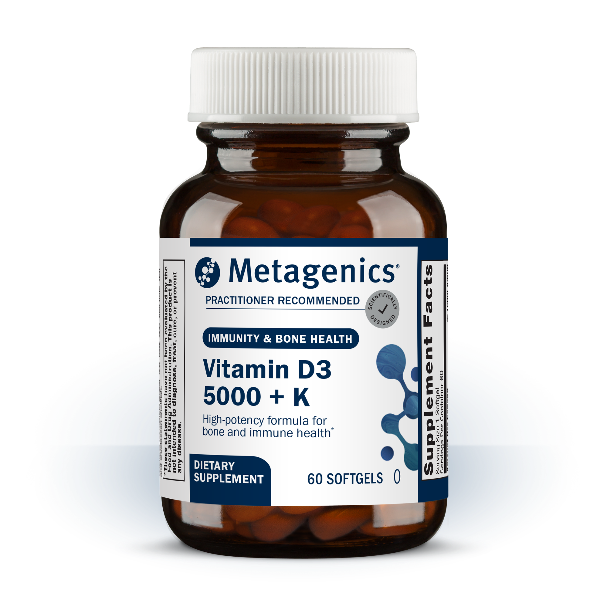 Metagenics Vitamin D3 5000 + K dietary supplement in a brown glass bottle with a white cap. The front label reads ‘Metagenics, Practitioner Recommended, Immunity & Bone Health, Vitamin D3 5000 + K,’ indicating a high-potency formula for bone and immune health. The bottle contains 60 softgels, visible through the amber glass, and is shown centered on a neutral background.