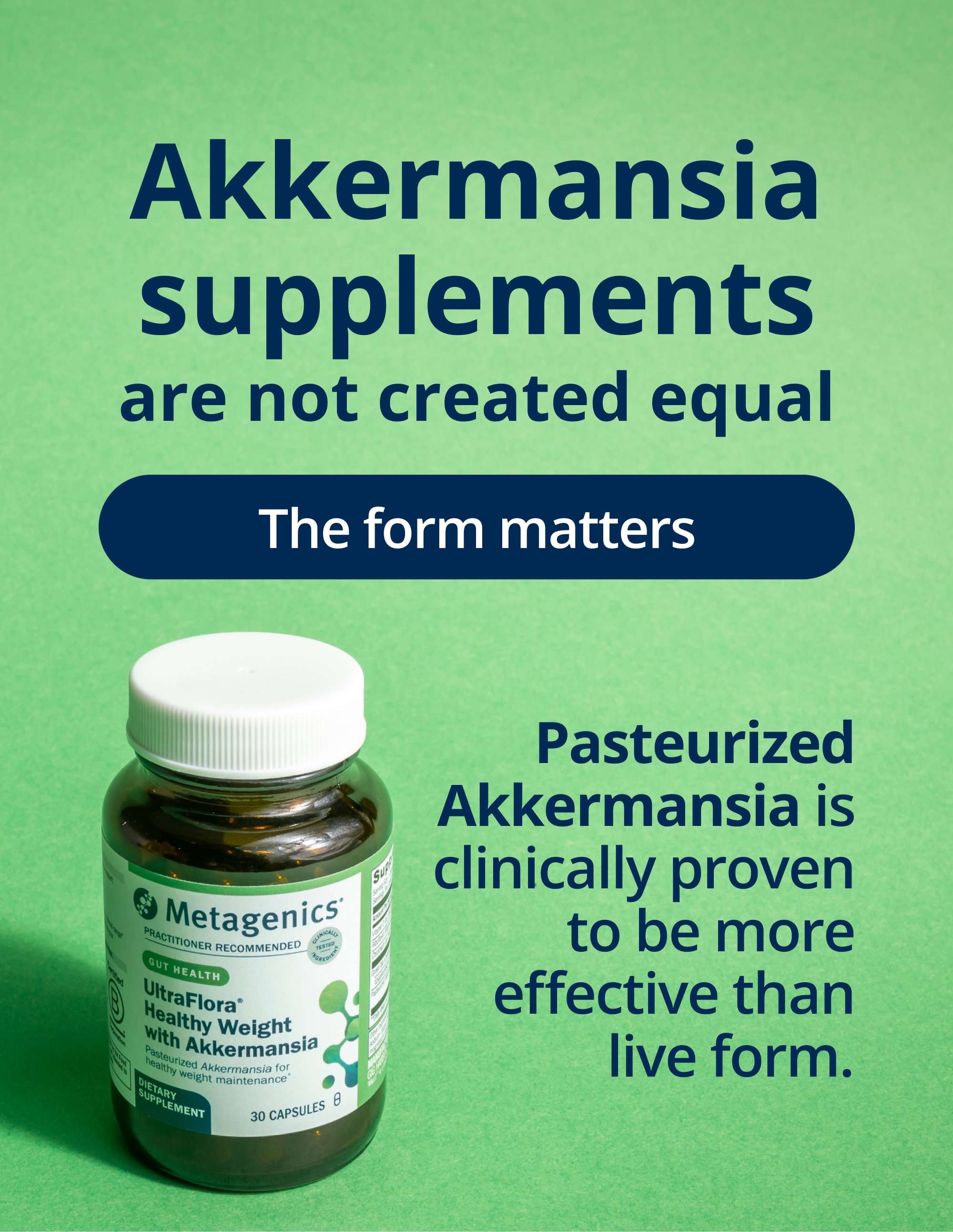 A panel titled “Akkermansia supplements are not created equal,” showing a Metagenics bottle beside text stating that pasteurized Akkermansia is clinically proven to be more effective than the live form.