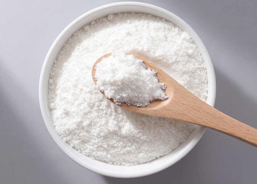 Bowl of UC-II® undenatured type II collagen powder with a wooden spoon, highlighting a key ingredient in Metagenics® StayStrong™ joint health collagen supplements.