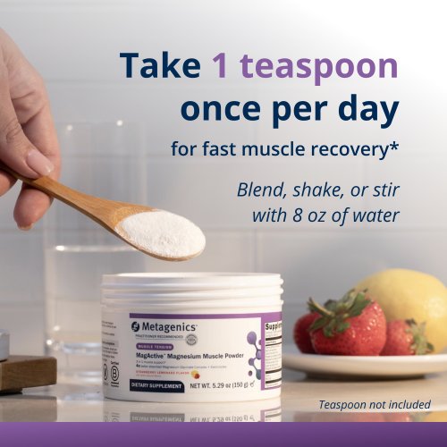 Product image showing a hand holding a wooden teaspoon filled with white powder above a container of Metagenics MagActive Magnesium Muscle Powder. Text instructs users to take 1 teaspoon once per day for fast muscle recovery, blended, shaken, or stirred with 8 oz of water.