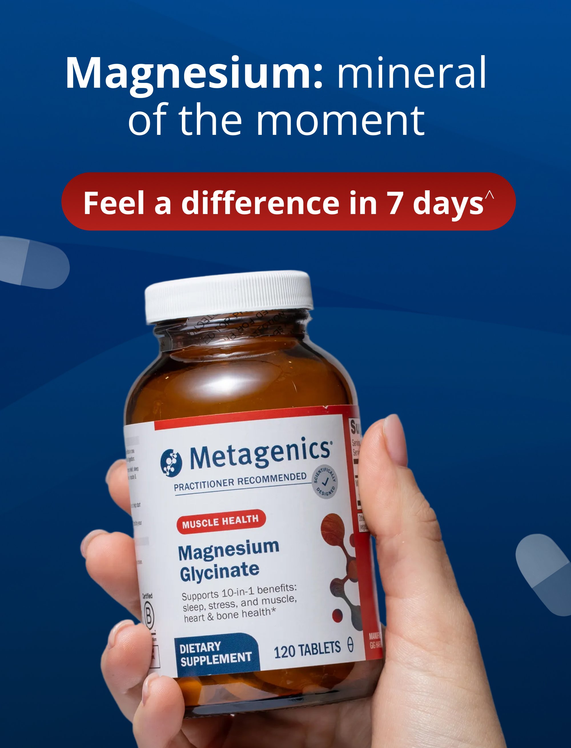 Metagenics Magnesium Glycinate bottle displayed against a blue background with headline “Magnesium: Mineral of the moment,” highlighting mineral support for muscle, nerve, and daily wellness as a Highly absorbable magnesium supplement for muscle, nerve, sleep, & stress support.