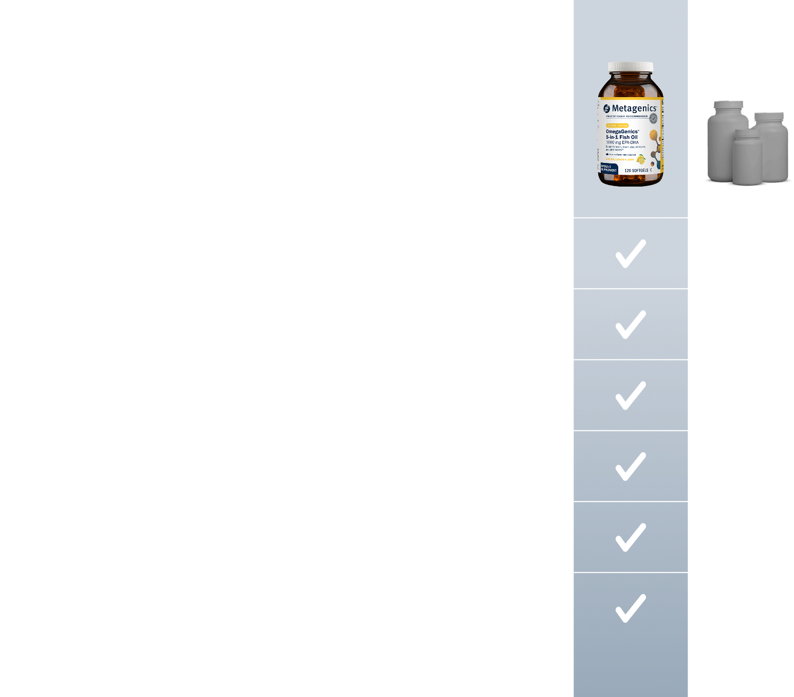A comparison graphic showing a Metagenics supplement bottle beside two plain gray bottles, with a checklist highlighting differences between Metagenics and ordinary supplement brands.
