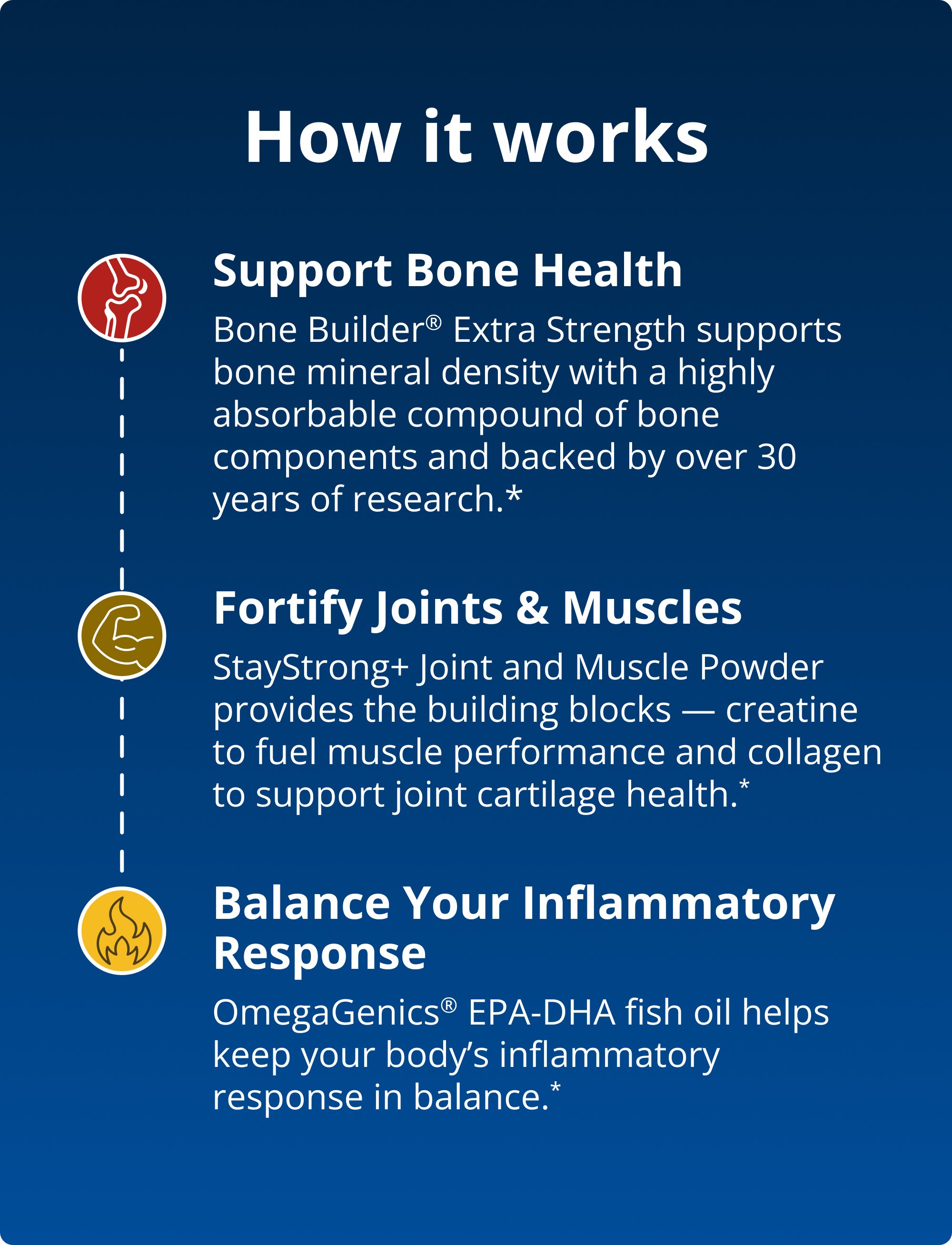 How-it-works overview for the Strength & Mobility for Healthy Aging by Dr. Pranav Vyas PracStack. The graphic highlights three core benefits: Bone Builder® Extra Strength supports bone health and bone mineral density, StayStrong+™ Joint & Muscle Powder helps support muscles and joints with creatine and collagen, and OmegaGenics® EPA-DHA Fish Oil helps maintain a balanced inflammatory response. Color-coded icons and a vertical timeline connect each benefit.