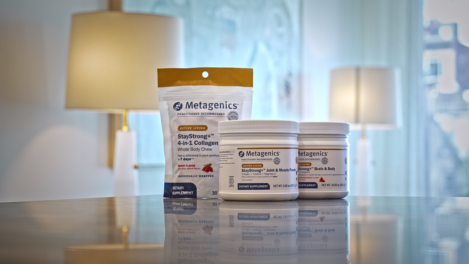 metagenics staystrong product line on display side by side