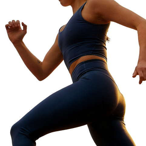 Person in athletic clothing running against a light‑blue gradient background beside text promoting a Summer Wellness Event for Metagenics