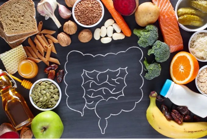 Foods including vegetables, fruits, whole grains, nuts, and salmon arranged around a chalkboard illustration of the digestive system.
